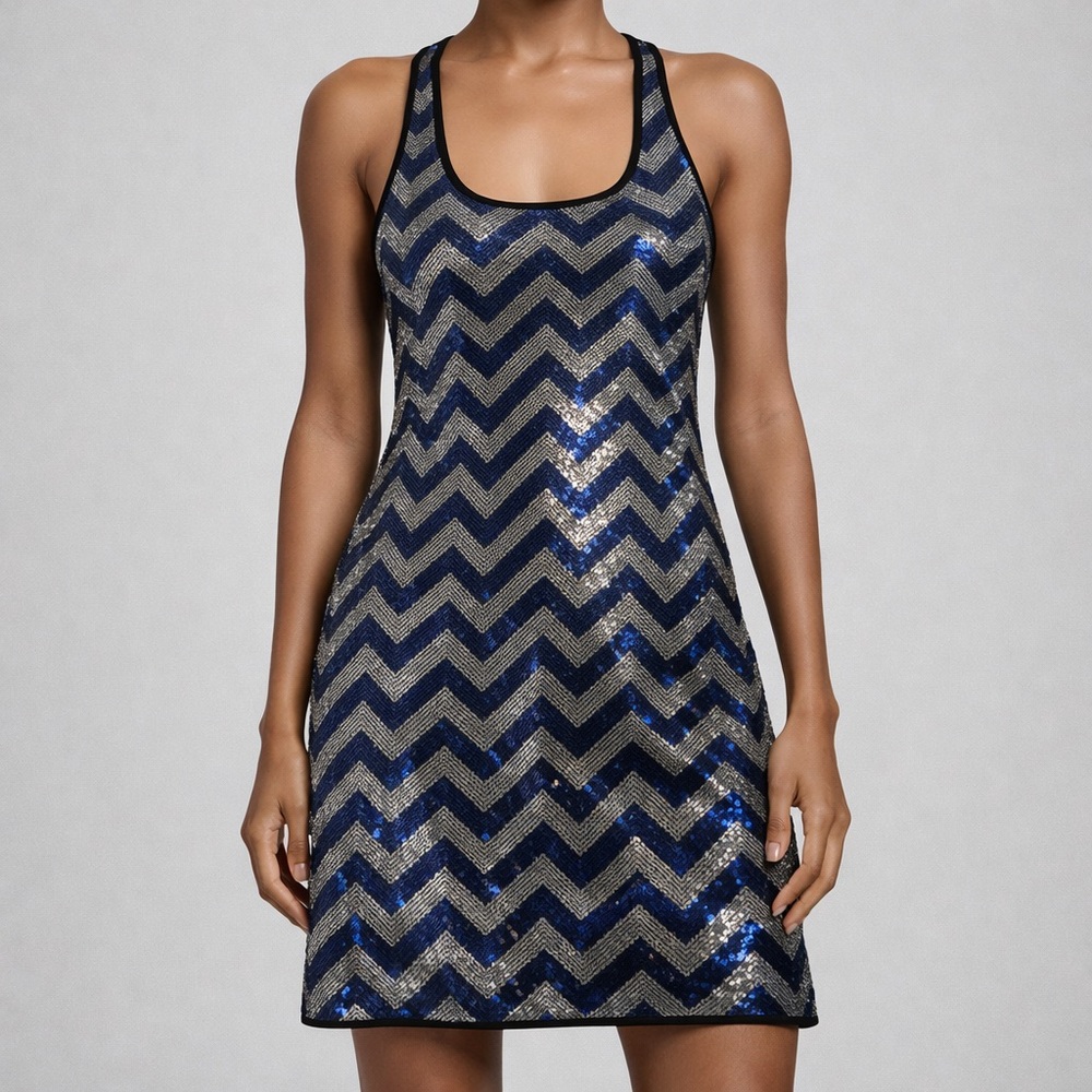 Jay Godfrey Sequin Chevron Racerback Mini Dress Blue Silver Party Glam Size 2